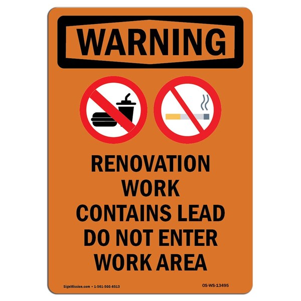 Safety Sign, OSHA WARNING, 5" Height, Renovation Work Contains, Portrait, 10PK